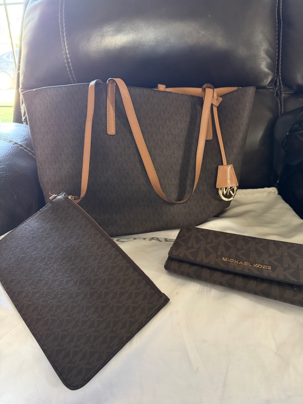 Michael Kors Brown Monogram Tote with Tan Trim and Matching Wallet Set